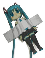 Rule 34 | 1girl, :|, absurdly long hair, aqua eyes, aqua hair, aqua necktie, bare shoulders, black footwear, black skirt, blush, boots, closed mouth, collared shirt, commentary, crying, detached sleeves, english commentary, hair ornament, hatsune miku, highres, long hair, necktie, neon trim, on wall, pleated skirt, shirt, sidelocks, simple background, skirt, sleeveless, solo, swept bangs, tape, thigh boots, thighhighs, topdylan, twintails, v-shaped eyebrows, very long hair, vocaloid, white background, white shirt, zettai ryouiki