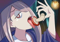 Rule 34 | 1girl, arm up, bad id, bad pixiv id, brown eyes, brown hair, collarbone, commentary request, eyelashes, hair over one eye, half-closed eyes, hat, head back, highres, holding, licking, little witch academia, long hair, looking at viewer, luna nova school uniform, meielfnya, mushroom, open mouth, saliva, school uniform, sexually suggestive, sharp teeth, solo, sucy manbavaran, teeth, tongue, tongue out, upper teeth only, wide sleeves, witch hat