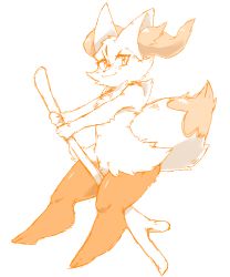 Rule 34 | 1girl, absurdres, animal ears, animal hands, between legs, blush, braixen, broom, broom riding, chizi, creatures (company), feet, female focus, fox ears, fox tail, furry, furry female, game freak, gen 6 pokemon, happy, highres, looking to the side, monochrome, navel, nintendo, outstretched arms, own hands together, pokemon, pokemon (creature), pokemon xy, simple background, sketch, smile, solo, stick, tail, white background