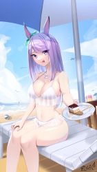 Rule 34 | 1girl, :q, absurdres, bare arms, bare legs, bare shoulders, beach umbrella, bikini, blue sky, breasts, cake, cleavage, feet out of frame, food, green ribbon, hair ribbon, highres, holding, holding plate, ilsae, large breasts, long hair, looking at viewer, mejiro mcqueen (umamusume), navel, plate, purple eyes, purple hair, ribbon, see-through, sitting, sky, solo, stomach, swept bangs, swimsuit, thighs, tongue, tongue out, umamusume, umbrella, white bikini