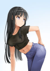 Rule 34 | 1girl, black hair, blue background, breasts, casual, contemporary, denim, gradient background, hair between eyes, hand on own hip, head tilt, highres, jeans, leaning forward, long hair, looking away, looking back, medium breasts, murata taichi, navel, original, outstretched arm, pants, parted lips, purple eyes, shirt, short sleeves, simple background, solo, standing, stomach, straight hair, t-shirt