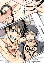 Rule 34 | 2boys, abs, black hair, body writing, camera, looking at viewer, male focus, monkey d. luffy, multiple boys, muscular, nagiayase, one piece, open mouth, phone, selfie, smile, tattoo, teeth, topless male, trafalgar law