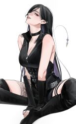 Rule 34 | 1girl, arm guards, bare shoulders, belt, black footwear, black hair, black theme, boots, breasts, choker, cleavage, copyright request, demon tail, facing up, fang, fang out, highres, large breasts, leg tattoo, long hair, looking at viewer, multiple belts, parted lips, pointy ears, red eyes, red lips, roru (lol dessin), sideways glance, simple background, sitting, sleeveless, smirk, solo, studded belt, tail, tattoo, thigh boots, thigh strap, white background, zipper pull tab