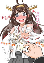 Rule 34 | 10s, 1girl, @ @, admiral (kancolle), ahoge, bare shoulders, blush, brown hair, detached sleeves, double bun, flustered, hair bun, hair ornament, hairband, hand on own hip, headgear, japanese clothes, jewelry, jpeg artifacts, kantai collection, kongou (kancolle), long hair, nontraditional miko, open mouth, outstretched hand, personification, pov, marriage proposal, ring, ringed eyes, skirt, smile, solo focus, sweat, sweatdrop, thighhighs, trembling, wavy mouth, wedding band, wedding ring, yano toshinori