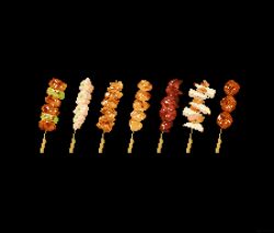 black_background commentary_request food food_focus meat no_humans original pixel_art pixel_zima simple_background skewer still_life yakitori