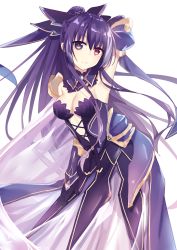 Rule 34 | 1girl, arm behind head, arm up, armpits, bad id, bad pixiv id, bare shoulders, black gloves, blush, breasts, cleavage, closed mouth, commentary request, cross-laced clothes, cross-laced dress, date a live, detached collar, dress, elbow gloves, female focus, floating hair, gloves, hair between eyes, hair ribbon, heterochromia, highres, leaning, leaning forward, long dress, long hair, looking at viewer, medium breasts, mo (pixiv9929995), multicolored eyes, neck, ponytail, purple dress, purple eyes, purple hair, purple ribbon, red eyes, ribbon, simple background, smile, solo, standing, strapless, strapless dress, very long hair, white background, yatogami tooka, yellow eyes