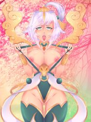 Rule 34 | 1girl, ahegao, breasts, choker, dollachan, eyeliner, facing viewer, forest, gems, green eyes, highres, jewelry, league of legends, lux (league of legends), makeup, nature, necklace, nipples, ponytail, saliva, short hair, solo, white hair
