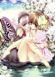 Rule 34 | 2boys, androgynous, barefoot, brown hair, bulge, butterfly wings, crossdressing, flower, green eyes, highres, insect wings, licking, male focus, multiple boys, nail polish, nipples, oto nyan, penis, penises touching, scan, takewakamaru, toenail polish, toenails, trap, trap on trap, wings, yaoi