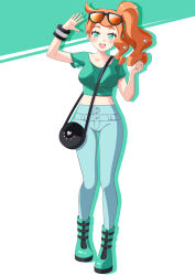 Rule 34 | 1girl, :d, absurdres, bag, black bag, blush, boots, bracelet, breasts, clenched hand, collarbone, commentary, creatures (company), eyelashes, eyewear on head, full body, game freak, green eyes, green footwear, green shirt, hair ornament, happy, heart, heart hair ornament, highres, jewelry, looking at viewer, nintendo, open mouth, orange hair, pants, pokemon, pokemon swsh, ribbed shirt, shirt, short sleeves, shoulder bag, side ponytail, smile, solo, sonia (pokemon), ssaaggwwaa, standing, sunglasses, teeth, upper teeth only