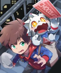 Rule 34 | + +, 1boy, 1other, absurdres, amanokawa hiro, bag, blue eyes, building, child, chocolate, commentary request, digimon, digimon (creature), digimon ghost game, dutch angle, from above, gammamon, heart, highres, holding, light, looking up, male focus, night, railing, scar, scar on ear, stairs, teeth, toyuri (angrm)