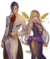 Rule 34 | 1boy, 1girl, aqua eyes, black hair, blonde hair, breasts, butler, cleavage, cleavage cutout, closed mouth, clothing cutout, color switch, energy wings, closed eyes, formal, frills, glasses, hair ornament, hairclip, hameln (sinoalice), hand on another&#039;s arm, highres, long hair, looking at viewer, multicolored hair, ojo aa, pants, purple hair, rapunzel (sinoalice), red eyes, sinoalice, skirt, smile, suit, two-tone hair, white background, wings