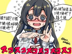Rule 34 | 1girl, @ @, black hair, blue eyes, blue sailor collar, blush, commentary request, flying sweatdrops, hairband, kantai collection, laco soregashi, long hair, looking at viewer, necktie, one-hour drawing challenge, ooyodo (kancolle), open mouth, penetration gesture, red necktie, ringed eyes, sailor collar, school uniform, semi-rimless eyewear, serafuku, solo, translation request, under-rim eyewear, upper body