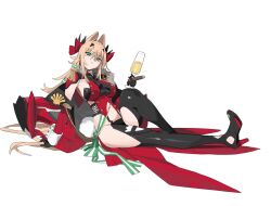 Rule 34 | 1girl, absurdres, alcohol, armpits, black gloves, blonde hair, character request, cigar, copyright request, full body, glass, gloves, green eyes, hair intakes, highres, holding, holding cigar, midriff, nori tamahana, rabbit tail, simple background, sitting, solo, tail, white background