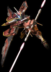 Rule 34 | 3d, beam saber, black background, commentary, double-blade, english commentary, flying, glowing, glowing eyes, green eyes, gundam, gundam seed, gundam seed destiny, highres, holding, holding sword, holding weapon, infinite justice gundam, mecha, mechanical wings, mobile suit, no humans, robot, sandrum, science fiction, solo, sword, v-fin, weapon, wings