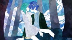 Rule 34 | 2others, alternate costume, androgynous, bad source, blue eyes, closed eyes, hidden forest, houseki no kuni, long sleeves, looking at viewer, multiple others, phosphophyllite, phosphophyllite (ll), shirokuko, short hair, sitting, sitting on lap, sitting on person, sky: children of the light