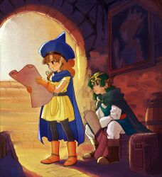 Rule 34 | 1boy, 1girl, absurdres, alena (dq4), black pantyhose, blue cape, blue hat, boots, brown footwear, cape, dragon quest, dragon quest iv, dress, earrings, full body, gloves, green cape, hat, helmet, hero (dq4), highres, holding, holding paper, indoors, jewelry, okita (sukult 4), orange footwear, orange gloves, orange hair, pantyhose, paper, parted lips, portrait (object), sitting, smile, standing, teeth, winged helmet, witch hat, yellow dress