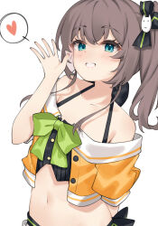 Rule 34 | 1girl, aqua eyes, black camisole, black ribbon, blush, bow, brown hair, camisole, cat hair ornament, collarbone, commentary, crop top, cropped jacket, erubusubori, green bow, hair ornament, hair ribbon, halterneck, hand up, heart, highres, hololive, jacket, looking at viewer, medium hair, midriff, natsuiro matsuri, natsuiro matsuri (1st costume), navel, off-shoulder jacket, off shoulder, orange jacket, pinstripe camisole, pinstripe pattern, ribbon, short sleeves, side ponytail, simple background, spaghetti strap, spoken heart, striped, upper body, virtual youtuber, waving, white background