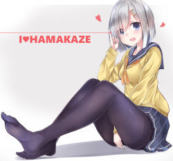 Rule 34 | 10s, 1girl, :d, between legs, black pantyhose, blue eyes, cardigan, character name, artistic error, eyes visible through hair, feet, grey skirt, hair ornament, hair over one eye, hairclip, hamakaze (kancolle), hand between legs, highres, kantai collection, looking at viewer, neckerchief, neku (neku draw), no shoes, open mouth, orange neckerchief, pantyhose, pleated skirt, sailor collar, school uniform, serafuku, silver hair, sitting, skirt, smile, solo, string, string of fate, wrong foot