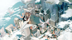 Rule 34 | 1girl, absurdres, angelina (arknights), animal ears, arknights, bad id, bad pixiv id, bag, bird, black gloves, black shirt, brown hair, building, city, cloud, coat, collar, day, duffel bag, flying, fox ears, from above, full body, gloves, haku (muc12b), highres, infection monitor (arknights), kneeling, long hair, long sleeves, open clothes, open coat, open mouth, outdoors, paper airplane, puffy long sleeves, puffy sleeves, red eyes, scenery, shirt, sidelocks, solo, twintails, white coat