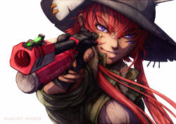 Rule 34 | 1girl, animal ears, bad id, bad pixiv id, bandaid, bandaid on face, borrowed character, extra eyes, gun, handgun, hat, imizu (nitro unknown), jacket, long hair, looking at viewer, one eye closed, open clothes, open jacket, original, purple eyes, rabbit ears, red hair, revision, shirt, smirk, solo, upper body, weapon