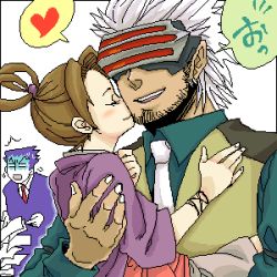 Rule 34 | 1girl, 2boys, age difference, pearl fey, blush, capcom, godot (ace attorney), grey hair, ace attorney, phoenix wright: ace attorney - trials and tribulations, heart, kiss, lowres, multiple boys, phoenix wright, oekaki, spoken heart, visor