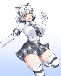 Rule 34 | &gt;:o, 10s, 1girl, :o, animal ears, bad id, bad twitter id, black hair, blue eyes, breast pocket, breasts, collared shirt, cowboy shot, elbow gloves, fangs, forneus 0, garter straps, gloves, highres, kemono friends, large breasts, looking at viewer, multicolored hair, necktie, open mouth, plaid, plaid necktie, plaid neckwear, plaid skirt, pocket, shirt, short hair, skirt, solo, streaked hair, thighhighs, tiger ears, two-tone hair, v-shaped eyebrows, white gloves, white hair, white shirt, white tiger (kemono friends), white tiger print