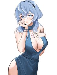 Rule 34 | 1girl, absurdres, ako (blue archive), ako (dress) (blue archive), blue archive, blue dress, blue eyes, blue hair, bracelet, breasts, cleavage, commentary request, dress, fingernails, hair between eyes, hand on own chest, highres, jewelry, korean commentary, large breasts, looking at viewer, nail polish, official alternate costume, open mouth, purple nails, raku (clearpage), sideless dress, sideless outfit, simple background, sleeveless, sleeveless dress, solo, tears, thighs, white background