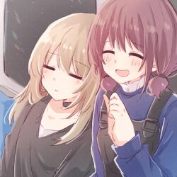 Rule 34 | 2girls, black choker, black sweater, blonde hair, blue shirt, blush, choker, closed eyes, commentary request, girls band cry, head on another&#039;s shoulder, iseri nina, kawaragi momoka, laughing, long hair, multicolored hair, multiple girls, open mouth, parted lips, red hair, roots (hair), shiraru1117, shirt, short twintails, sleeping, sleeping on person, smile, sweater, train interior, twintails, upper body