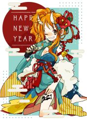 Rule 34 | 2021, aqua kimono, asymmetrical clothes, asymmetrical sleeves, bare legs, barefoot, bell, black nails, breasts, brown eyes, cleavage, earrings, flower, fur trim, hair flower, hair ornament, hair ribbon, happy new year, highres, holding, horns, japanese clothes, jewelry, kimono, kneeling, long hair, looking at viewer, applying manicure, medium breasts, multicolored clothes, nami (one piece), new year, noise pp, one eye closed, one piece, orange hair, ponytail, red flower, red ribbon, red sash, ribbon, sash, shoulder tattoo, sidelocks, smile, tattoo, wide sleeves