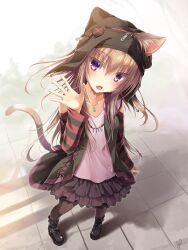 Rule 34 | 1girl, 2021, animal ear fluff, animal ear headwear, animal ears, arm at side, bare shoulders, bell, black footwear, black headwear, black pantyhose, black skirt, blush, boots, brown hair, cat ears, cat girl, cat tail, chaamii, collarbone, colored eyelashes, commentary request, dated, day, eyelashes, eyes visible through hair, fake animal ears, fangs, foreshortening, from above, full body, hair between eyes, hand up, hat bell, head tilt, highres, jewelry, jingle bell, long hair, long sleeves, looking at viewer, necklace, open hand, open mouth, original, outdoors, pantyhose, partially unzipped, paw print, petticoat, pink shirt, purple eyes, road, shirt, sidelocks, signature, skirt, slit pupils, solo, standing, striped sleeves, tail, tail raised, waving, zipper pull tab