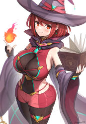 Rule 34 | 1girl, absurdres, backless outfit, bare shoulders, black cape, black hat, bob cut, book, boots, breasts, brown legwear, cape, chest jewel, closed mouth, covered navel, detached sleeves, earrings, fire, full body, g-string, gem, gonzarez, halloween, halloween costume, hat, highres, holding, holding book, jewelry, large breasts, looking at viewer, micro shorts, pantyhose, pantyhose under shorts, pyra (xenoblade), pyrokinesis, red eyes, red footwear, red hair, short hair, short shorts, shorts, simple background, sleeveless, smile, solo, standing, thong, white background, wide hips, wide sleeves, witch hat, xenoblade chronicles (series), xenoblade chronicles 2