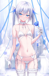 Rule 34 | 1girl, absurdres, arm at side, arm strap, bare shoulders, bikini, blue eyes, blue flower, blue hair, blue ribbon, blue rose, blurry, blurry background, blush, breasts, bridal garter, choker, cowboy shot, flower, frilled choker, frills, garter belt, gloves, halterneck, hand up, highres, holding, holding flower, lis 111, long hair, looking at viewer, multicolored hair, navel, o-ring, original, parted lips, ribbon, rose, sidelocks, small breasts, solo, stomach, straight hair, streaked hair, string bikini, swimsuit, thighhighs, thighs, twintails, underwear, very long hair, white bikini, white choker, white gloves, white hair, white thighhighs
