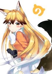 Rule 34 | 10s, 1girl, :/, akino (1i1i1i1i), animal ears, black gloves, blonde hair, blush, brown eyes, brown hair, clenched hand, closed mouth, coat, ezo red fox (kemono friends), fox ears, fox tail, from side, fur trim, gloves, gradient hair, hair between eyes, highres, japari symbol, kemono friends, long hair, looking to the side, multicolored hair, orange coat, pantyhose, pleated skirt, skirt, solo, tail, white hair, white skirt, yellow pantyhose