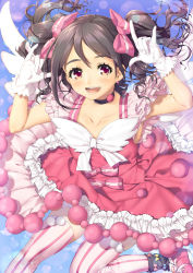 Rule 34 | 10s, 1girl, absurdres, angel wings, black hair, black thighhighs, bow, brown eyes, collar, collarbone, double m/, dress, earrings, frills, gloves, hair bow, highres, jewelry, long hair, looking at viewer, love live!, love live! school idol festival, love live! school idol project, m/, nico nico nii, open mouth, pink bow, pink thighhighs, red dress, shoes, sneakers, solo, sparkle, striped bow, striped clothes, striped thighhighs, thighhighs, twintails, vertical-striped clothes, vertical-striped thighhighs, white gloves, wings, yana mori, yazawa nico