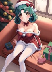 Rule 34 | 1girl, absurdres, bare shoulders, blush, bow, bowtie, box, breasts, christmas, christmas tree, cleavage, collarbone, commentary, couch, dress, earrings, gift, gift box, green hair, hat, highres, idolmaster, idolmaster million live!, indoors, jewelry, looking at viewer, medium breasts, off-shoulder dress, off shoulder, on couch, pantyhose, ransol, red bow, red bowtie, santa costume, santa hat, sitting, smile, solo, stud earrings, tokugawa matsuri, white pantyhose