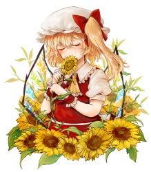 Rule 34 | 1girl, arms up, ascot, blonde hair, blush, closed eyes, commentary, covered mouth, flandre scarlet, flower, flower over mouth, frilled shirt collar, frills, hair between eyes, hat, hat ribbon, highres, holding, holding flower, mob cap, puffy short sleeves, puffy sleeves, red skirt, red vest, ribbon, shirt, short hair, short sleeves, side ponytail, simple background, skirt, solo, sunflower, touhou, vest, white background, white hat, white shirt, wings, wrist cuffs, yellow ascot, yuma (yuuma pants)