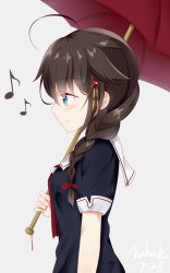 Rule 34 | 10s, 1girl, ahoge, black serafuku, black shirt, blue eyes, bow, braid, brown hair, dated, from side, grey background, hair between eyes, hair bow, highres, holding, holding umbrella, kantai collection, long hair, musical note, nahaki, neckerchief, quaver, red bow, red neckerchief, red umbrella, school uniform, serafuku, shigure (kancolle), shigure kai ni (kancolle), shirt, short sleeves, signature, simple background, single braid, solo, standing, umbrella, upper body
