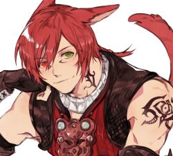 Rule 34 | 1boy, animal ears, arm tattoo, black gloves, braid, braided ponytail, cat boy, cat ears, cat tail, facial mark, final fantasy, final fantasy xiv, fingerless gloves, g&#039;raha tia, gloves, green eyes, gyulseu, head rest, heterochromia, highres, looking at viewer, male focus, miqo&#039;te, neck tattoo, red eyes, red hair, red vest, short hair, short ponytail, simple background, single braid, slit pupils, smile, solo, tail, tattoo, upper body, vest, white background