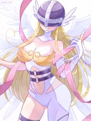 Rule 34 | 1girl, angel, angel girl, angel wings, angewomon, asymmetrical clothes, bare shoulders, belt, blonde hair, breasts, cleavage, covered eyes, digimon, digimon (creature), elbow gloves, feathered wings, gloves, hand up, head wings, helmet, highres, index finger raised, large breasts, long hair, mask, multiple wings, nagoshi, navel, o-ring, shawl, smile, solo, standing, thigh strap, winged helmet, wings
