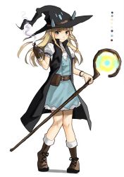 Rule 34 | 1girl, belt, black hat, blonde hair, boots, bracelet, brown footwear, green eyes, hat, holding, holding staff, jewelry, long hair, looking at viewer, original, pine (yellowpine112), sketch, smile, smoke, solo, staff, test tube, wavy mouth, witch hat