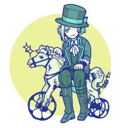Rule 34 | 1girl, artist name, ascot, black coat, black footwear, black hat, black pants, black vest, blue bow, boots, bow, circle, coat, collared shirt, darley clatter, facing viewer, full body, grey hair, hair bun, hat, hat bow, hat over one eye, knee boots, looking at object, looking to the side, pants, pants tucked in, reverse:1999, sakita pani, shirt, short hair, sidesaddle, signature, single side bun, sitting, sitting on object, solo, sparkle, top hat, toy horse, two-tone background, vertin (reverse:1999), vest, waistcoat, white ascot, white background, white shirt, yellow background