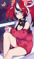 Rule 34 | 1girl, animal ear fluff, animal ears, bare legs, bare shoulders, black hair, blue eyes, blush, cleavage cutout, clothing cutout, collar, crescent moon, cup, dice hair ornament, earclip, hair between eyes, hair ornament, hakos baelz, heart, heart print, highres, holding, holding cup, hololive, hololive english, long hair, long sleeves, looking at viewer, moon, mouse ears, mug, mug writing, multicolored hair, night, red hair, sitting, smile, solo, spiked collar, spikes, split mouth, streaked hair, twintails, twitter username, virtual youtuber, white hair, window, yoako