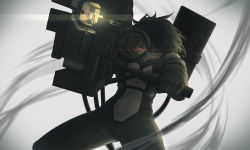 Rule 34 | 1girl, aiming, aiming at viewer, backlighting, black hair, breasts, charging device, clothing cutout, cowboy shot, energy weapon, fur collar, gloves, glowing, glowing eyes, gun, highres, holding, holding gun, holding weapon, huge weapon, legs apart, looking at viewer, medium breasts, original, red eyes, short hair, skin tight, solo, standing, stomach, weapon, white background, zhaoyuan pan
