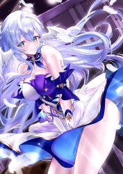 Rule 34 | 1girl, absurdres, aqua eyes, asymmetrical gloves, bare shoulders, breasts, cleavage, closed mouth, detached sleeves, dress, falling feathers, feathers, floating hair, gloves, hair between eyes, halo, head wings, highres, honkai: star rail, honkai (series), long hair, looking at viewer, purple dress, purple hair, robin (honkai: star rail), short sleeves, smile, solo, sweet j, two-tone dress, uneven gloves, white dress, white feathers, white gloves, white wings, wings