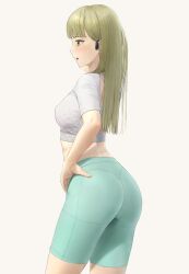 Rule 34 | 1girl, absurdres, ano (gccx8784), ass, bike shorts, blonde hair, blunt bangs, breasts, cowboy shot, crop top, from side, hand on own hip, highres, long hair, medium breasts, mole, mole under eye, open mouth, original, profile, shirt, short sleeves, simple background, solo, white background, white shirt, yellow eyes