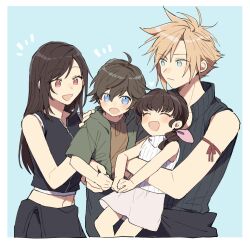 Rule 34 | 2boys, 2girls, apron, arm ribbon, bare shoulders, black hair, blonde hair, blue eyes, blush, brown hair, carrying, carrying person, child, closed eyes, closed mouth, cloud strife, crop top, denzel (ff7), family, final fantasy, final fantasy vii, final fantasy vii advent children, hair over shoulder, hair ribbon, happy, high collar, long hair, looking at another, marlene wallace, midriff peek, multiple boys, multiple girls, navel, open mouth, pink ribbon, popped collar, red eyes, ribbon, shirt, sleeveless, sleeveless turtleneck, spiked hair, sweater, swept bangs, tifa lockhart, tooru (jux), turtleneck, turtleneck sweater, undershirt, waist apron
