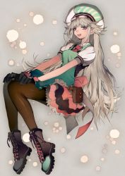 1girl bad_id bad_pixiv_id black_pantyhose blush book boots dress female_focus long_hair looking_at_viewer mf_bunko original pantyhose silver_hair sitting skirt smile solo tsukioka_tsukiho