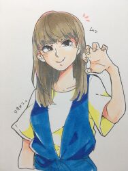 Rule 34 | 1girl, aida rikako, black eyes, blush, brown hair, claw pose, closed mouth, collarbone, commentary request, highres, kashikaze, long hair, looking at viewer, pout, real life, shirt, short sleeves, simple background, solo, traditional media, translated, upper body, voice actor, white background, white shirt