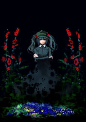 Rule 34 | 1girl, bad id, bad pixiv id, crossed arms, dark, female focus, flower, hat, kawashiro nitori, miatsushi, nature, rose, solo, touhou, twintails, two side up
