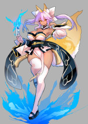 Rule 34 | 1girl, alternate hair color, alternate skin color, animal ear fluff, animal ears, black footwear, blue fire, bow, breasts, cleavage, closed mouth, dark-skinned female, dark skin, detached collar, detached sleeves, fate/extra, fate/grand order, fate (series), fire, fox ears, fox girl, fox tail, full body, grey background, hair between eyes, hair bow, hair ornament, highres, japanese clothes, large breasts, long hair, long sleeves, purple hair, simple background, smile, solo, tail, tamamo (fate), tamamo no mae (fate/extra), thighhighs, thighs, twintails, white bow, white thighhighs, wisespeak, yellow eyes